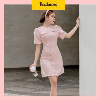 Đầm dạ hồng cổ tròn tay ngắn phối nút