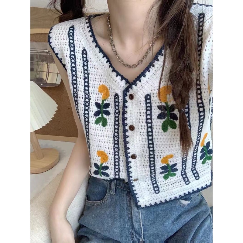 Áo gile hoa màu vàng vinatge cực dễ thương năng động cho nàng