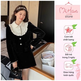 Set áo nhung viền đá⚡ siêu hot ⚡ set áo nhung cổ bèo viền đá+ cv nhung