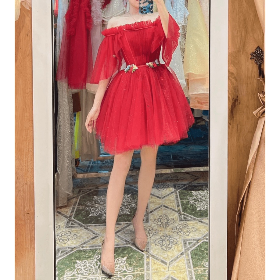 SIÊU SALE ĐẦM LƯỚI HOA EO THIẾT KẾ TAY DÀI NGANG VAI  , ĐẦM XÒE XINH XẮN KHI ĐI CHƠI , DỰ TIỆC UP SHOP HHP