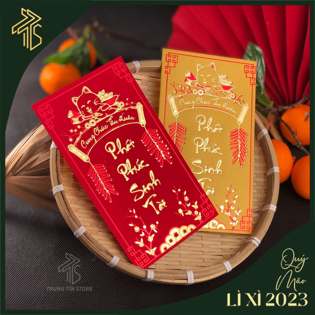 Lì xì tết chủ đề Phát Phúc Sinh Tài ngụ ý chia sẻ niềm hạnh phúc, họa tiết lì xì tết màu vàng sang trọng