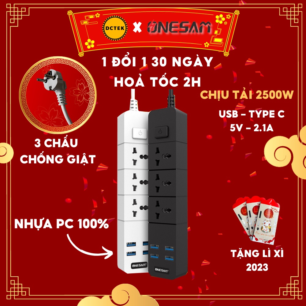 Ổ cắm điện đa năng ONESAM kết hợp cổng sạc USB, ổ điện chịu tải 2500W chống cháy dây dài 2m