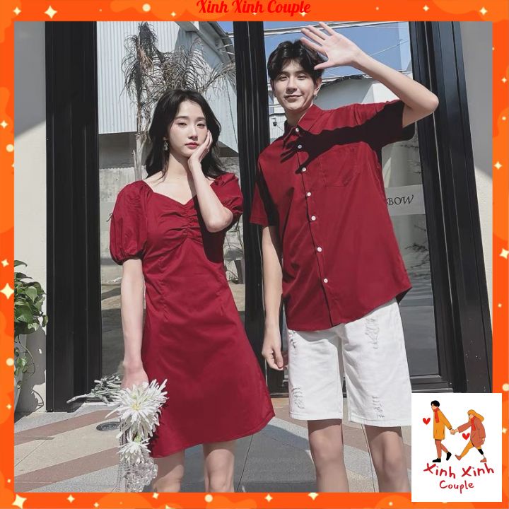 Đồ Đôi Nam Nữ, Áo Đôi Nam Nữ Đi biển đẹp, chụp hình cưới: Set áo váy sơ mi Hàn Quốc(có ảnh thật)