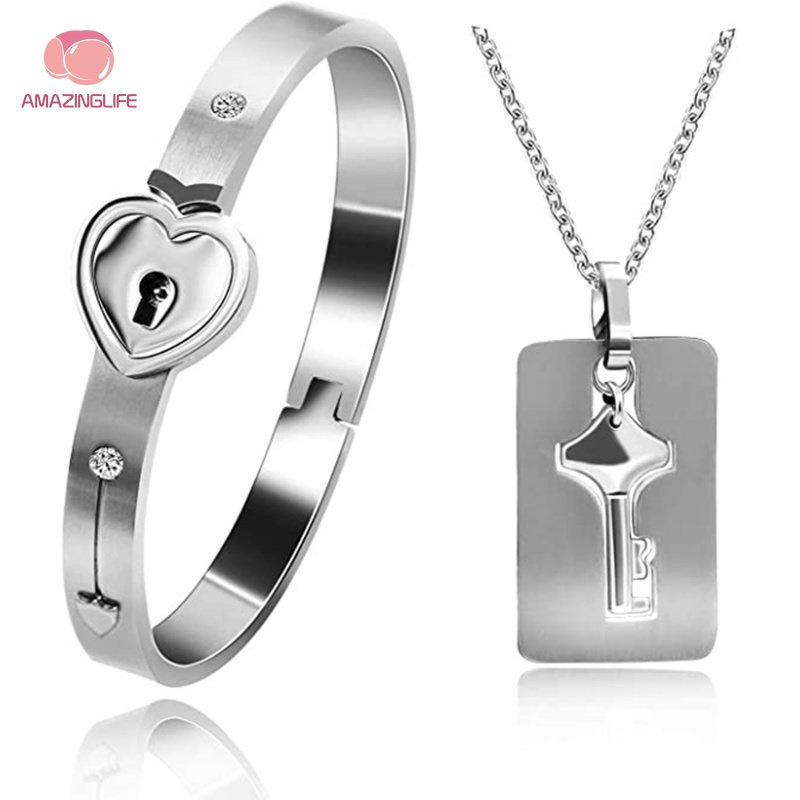 Set 2 Vòng cổ / Vòng Tay Mặt Ổ Khóa Tình Yêu / Chìa Khóa Trái Tim Sáng Tạo Thích Hợp Làm Quà Tặng Cho Cặp