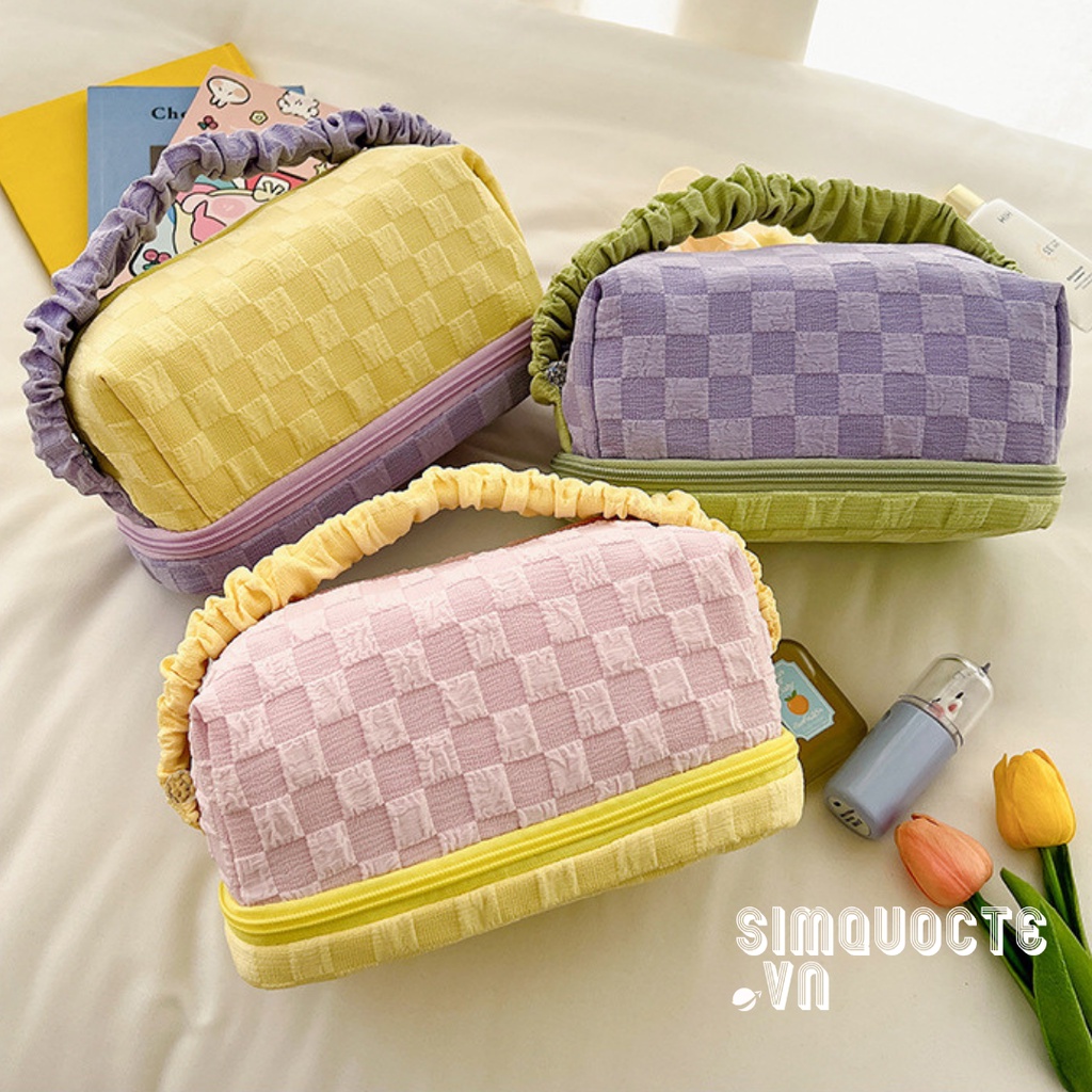 Túi đựng mỹ phẩm 2 ngăn cỡ lớn chất liệu vải len sợi dệt kim màu pastel xinh xắn phong cách Hàn Quốc TMP34