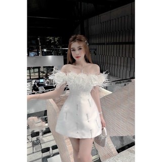 Đầm xoè hoa trễ vai đính lông ảnh thật