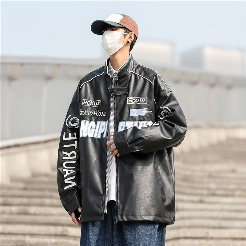 Áo Khoác Bóng Chày Chất Liệu Da Dáng Rộng Thêu Họa Tiết Cá Tính Cho Nam