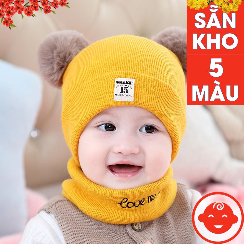 Mũ len 2 quả bông KÈM KHĂN cho bé