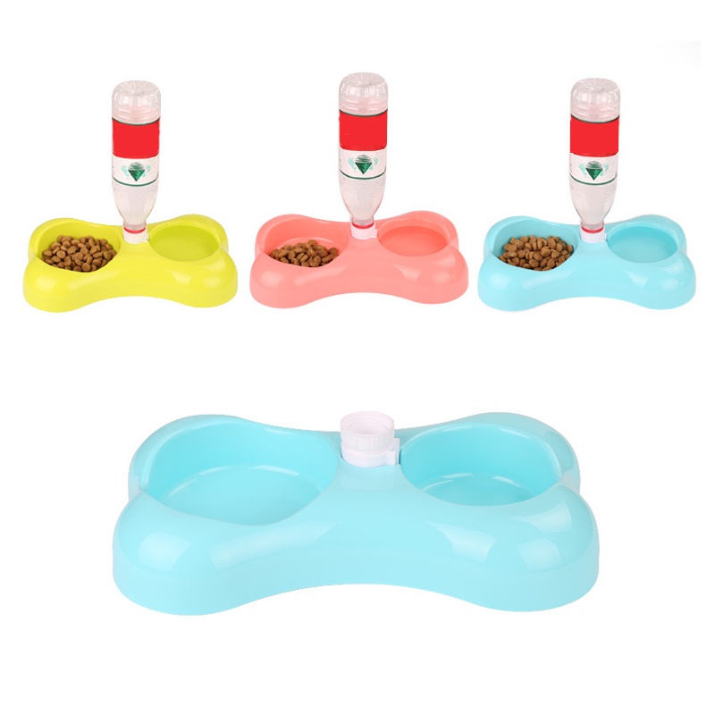 Bát Nhựa Đôi Hình Xương Có Nút Cấp Nước Uống Tự Động Dành Cho Thú Cưng (Không Kèm Bình)