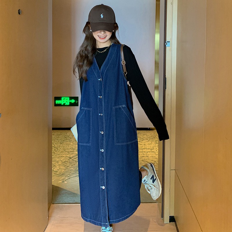Áo Váy Jean Sát Nách Dài Dáng Dài Nút Cài Cá Tính. Đầm Jean Dáng Rộng Phong Cách Hàn Quốc