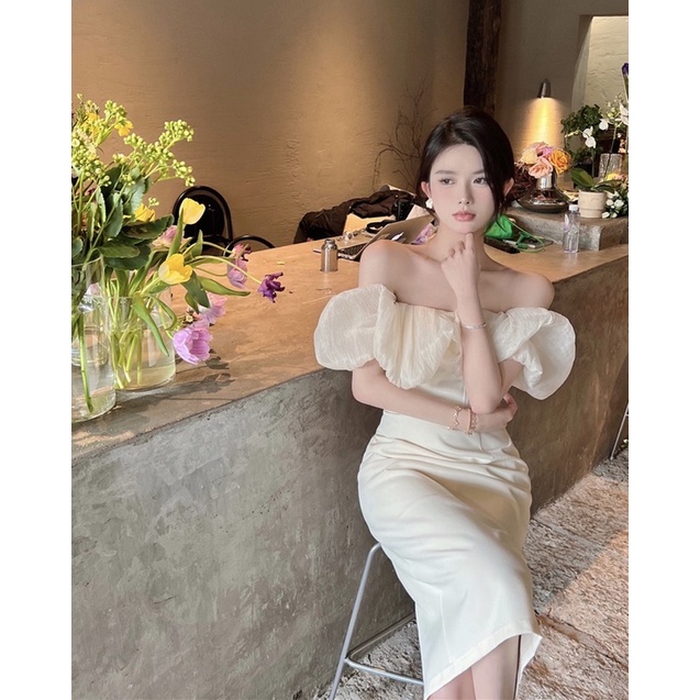 Đầm dự tiệc tiểu thư trễ vai tay voan dáng dài xinh xắn phong cách Hàn Quốc