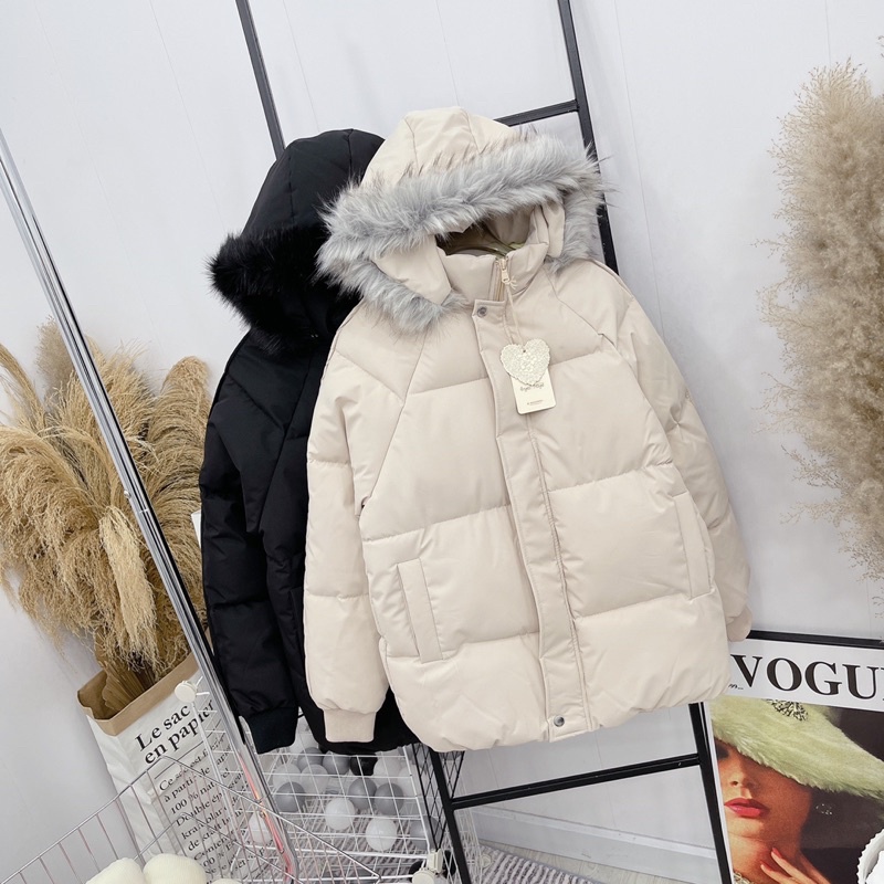 ÁO PHAO BÉO TRƠN CÓ MŨ VIỀN LÔNG, ÁO PHAO ULZZANG HÀN QUỐC - PAHA SHOP