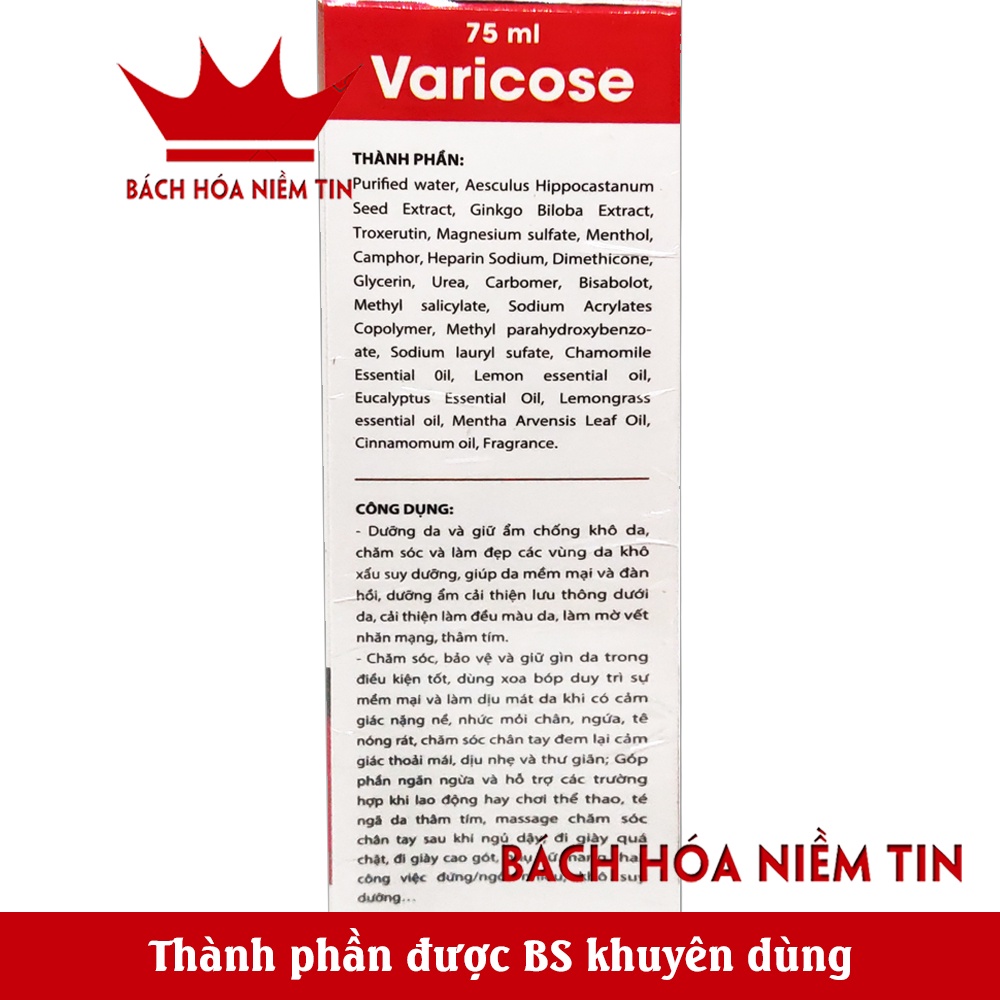 Kem Giảm Suy Giãn Tĩnh Mạch Varicose 75ml - làm mờ vết nhăn thâm tím do giãn tĩnh mạch, giảm đau nhức mỏi, tê nóng
