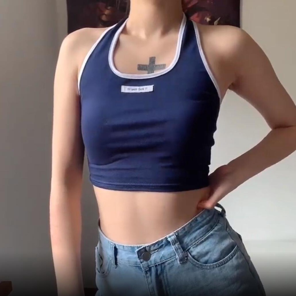 Áo Lót Thể Thao Hai Dây Ngắn Hở Rốn Màu Đen Phong Cách Hàn Quốc Dễ Phối Đồ Thời Trang Cho Nữ