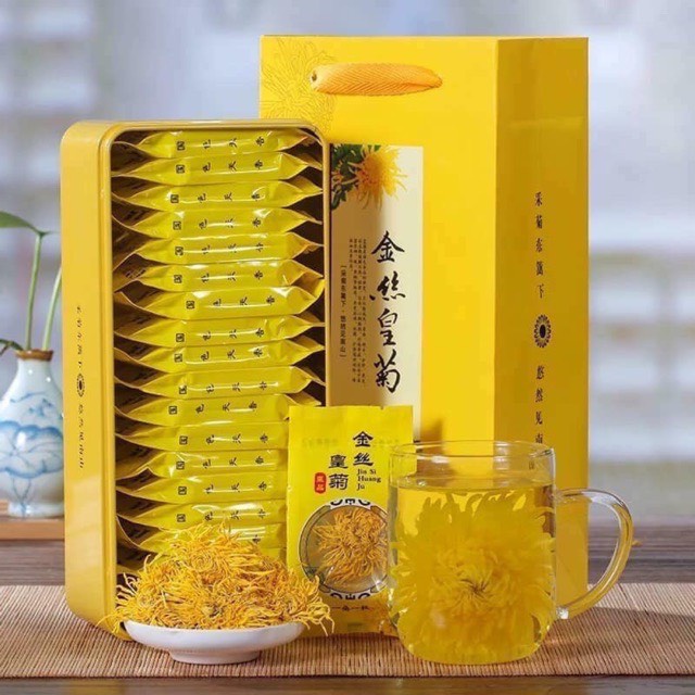 HỘP TRÀ HOA CÚC NGUYÊN BÔNG TỰ NHIÊN HỘP THIẾC KÈM TÚI GIẤY
