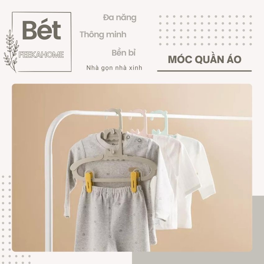 Combo móc treo quần áo trẻ em FEEKA thông minh nhựa cao cấp + kẹp, mắc quần áo đa năng tiết kiệm diện tích cho bé