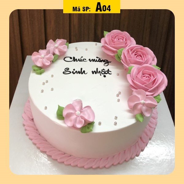Bánh kem sinh nhật A04 nền trắng bắt hoa màu hồng phấn nữ tính lãng mạn.