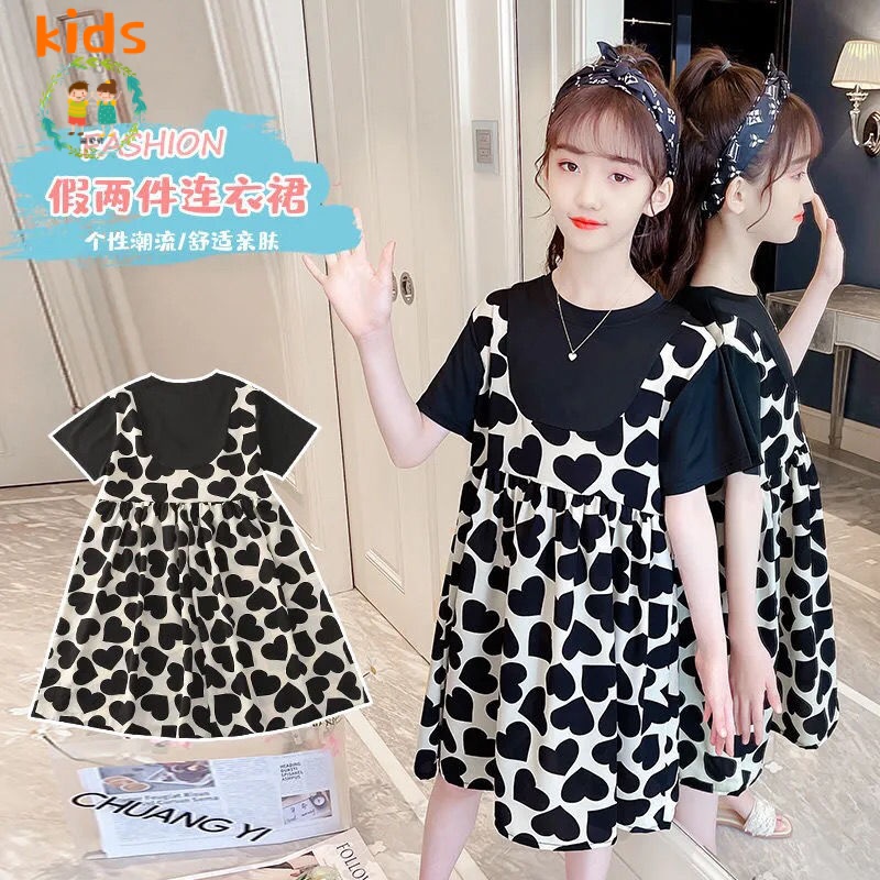Đầm Giả Hai Mảnh Ghép Hình Trái Tim Thời Trang Mùa Hè Phong Cách Mới Cho Bé Gái 3-5 - 8-10 - 12-13 Tuổi