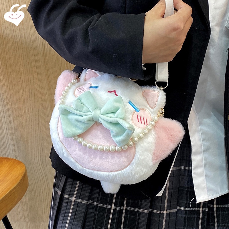 Túi Đeo Vai Hình Mèo May Mắn Bằng Lông Nhung Mềm Mại Đính Nơ Phối Dây Xích Ngọc Trai Dễ