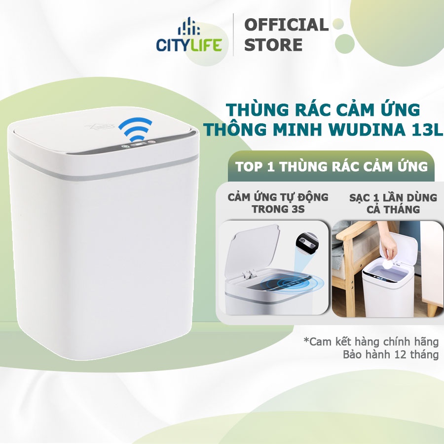 Thùng Rác Cảm Ứng Thông Minh Có Nắp Đóng Mở Tự Động Dung Tích 13L WUDINA(TẶNG CUỘN TÚI RÁC)