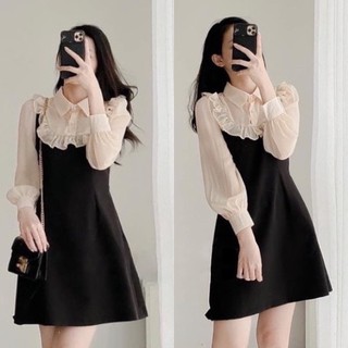 Váy đen phối tơ dài tay tiểu thư, váy đen dài tay thiết kế chính hãng