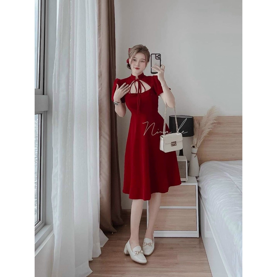 đầm nhung xòe cao cấp cổ cột nơ