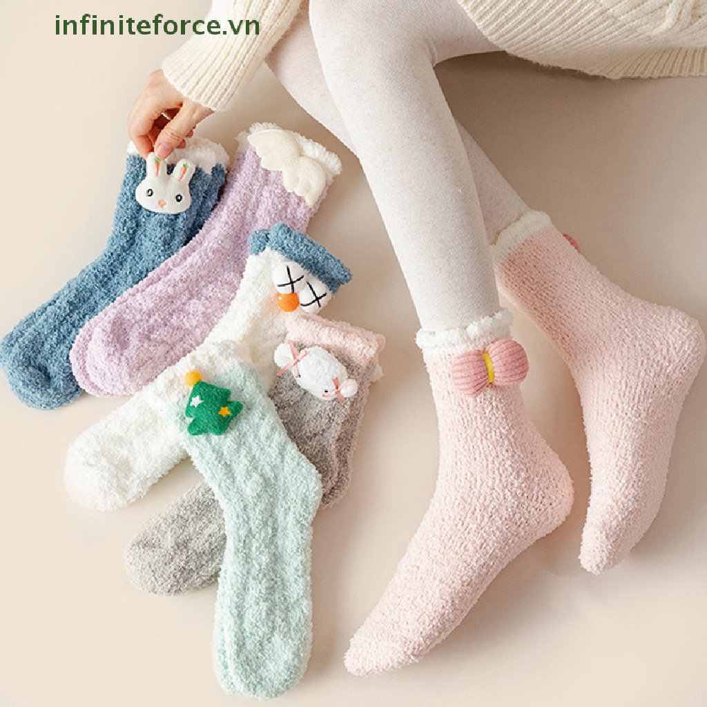 1 Đôi Tất Lông Cừu San Hô Dày Giữ Ấm Họa Tiết Hoạt Hình Dễ Thương