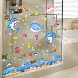 Decal dán tường trang trí phòng cá mập và chân cá heo