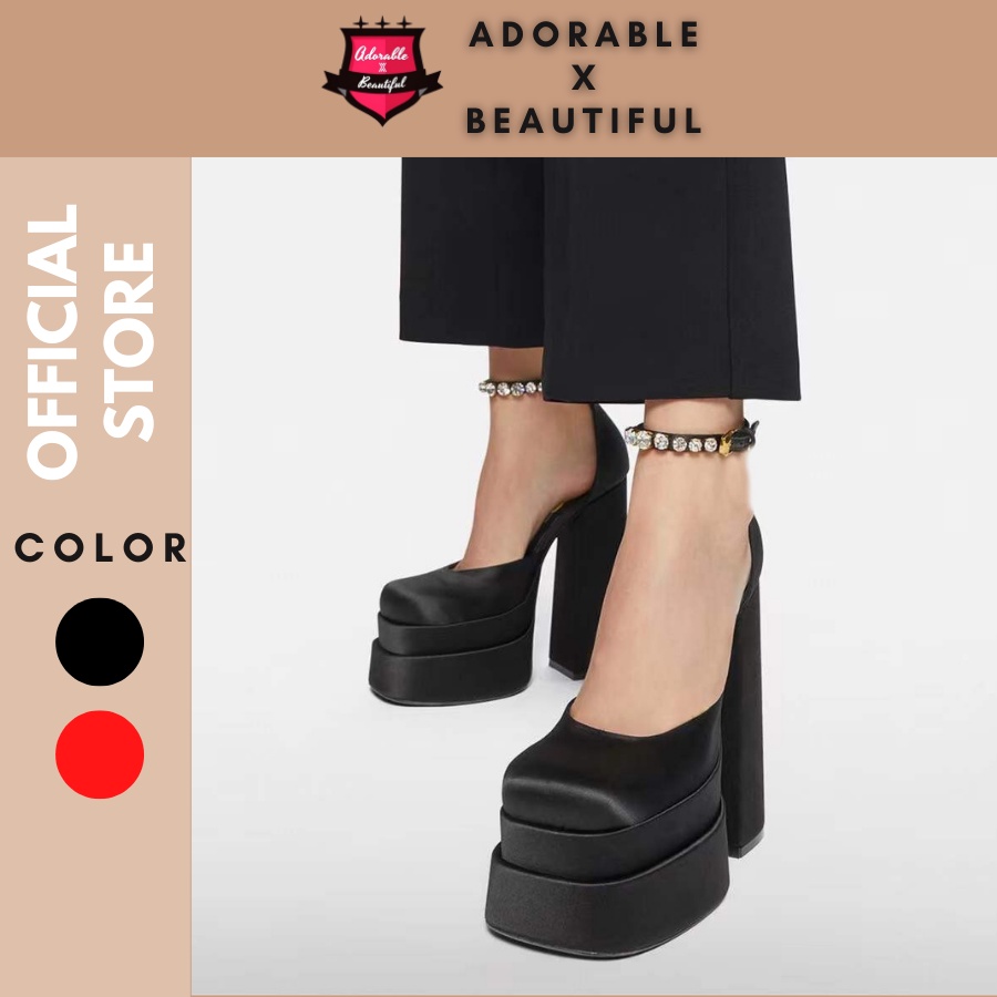 Giày Cao Gót Bít Mũi Quai Đính Hạt, Giày Sandal Đế Vuông Cao 15p Thời Trang Ulzzang [AdorablexBeautiful]