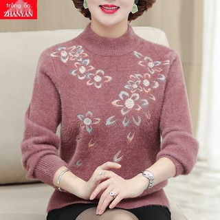 Áo len mùa đông cho mẹ trung niên phụ nữ 40 tuổi 50 lông chồn cỡ lớn cho người già