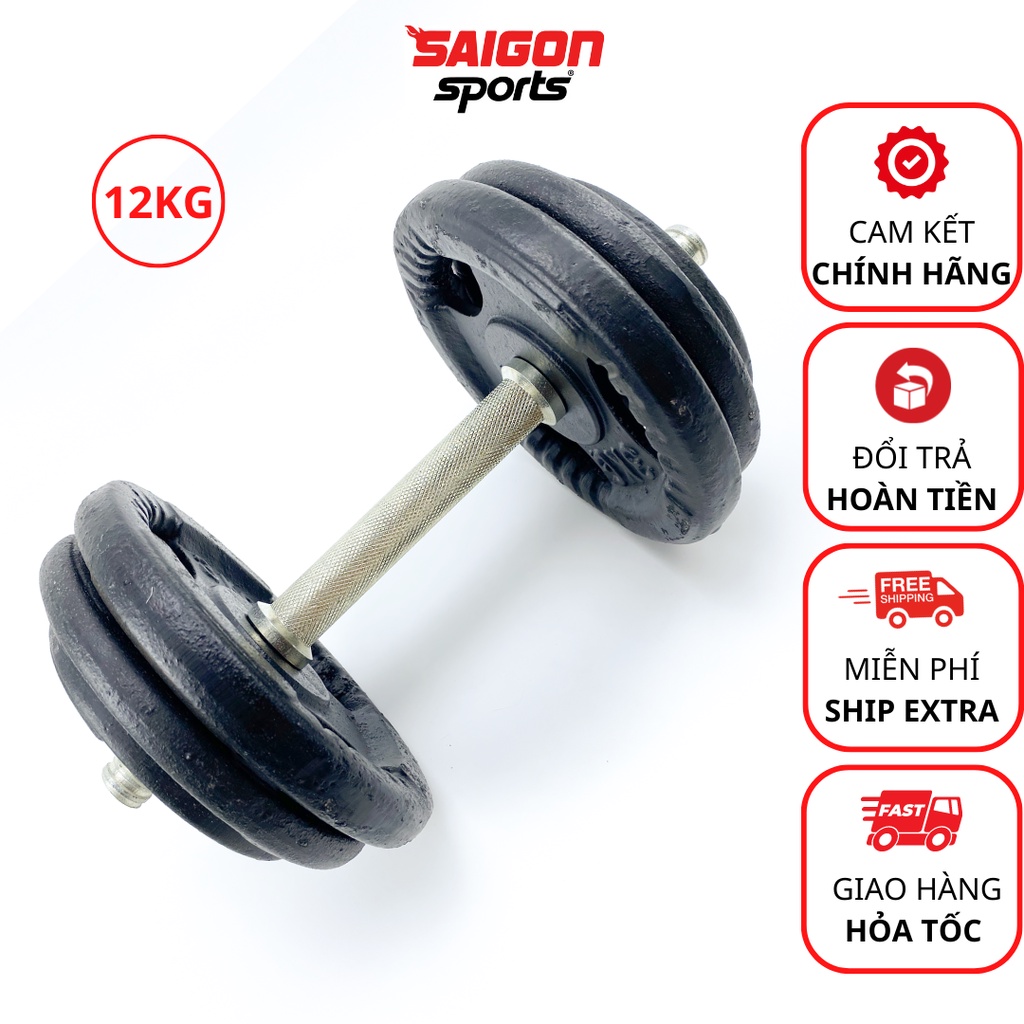 Tạ đơn tập tay đa năng 12kg kết hợp đòn tay mạ kẽm bánh tạ gang loại 1 - SAIGON SPORT