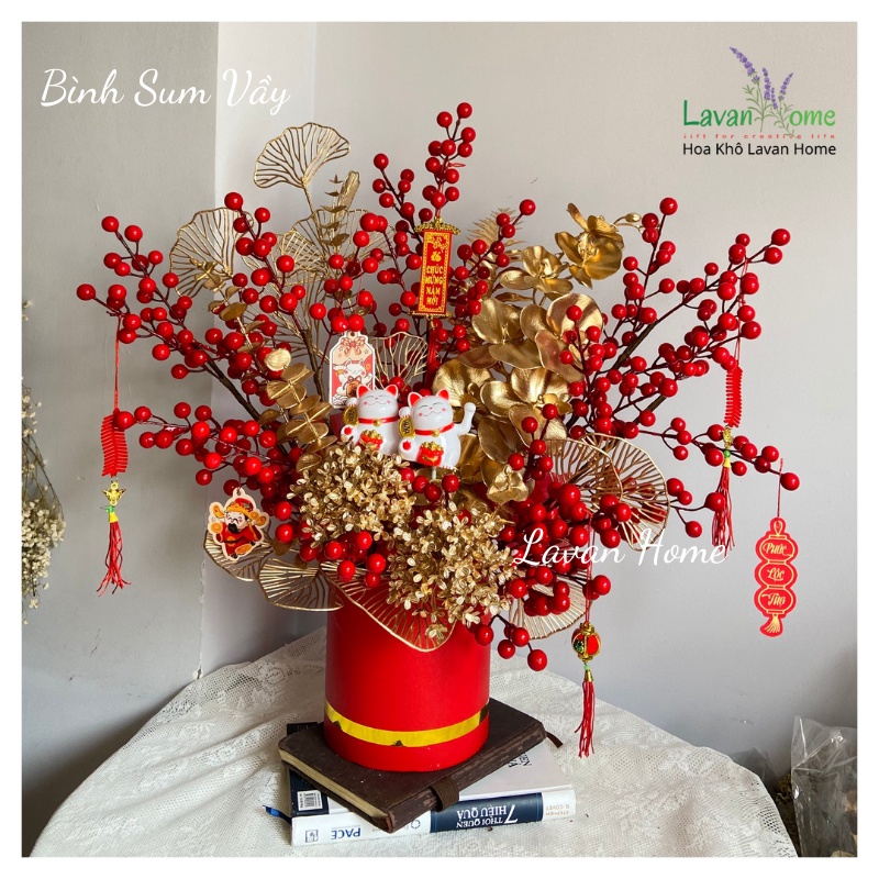 Bình hoa đào đông đỏ trang trí tết, quà tặng tết sang trọng, mang tài lộc cho năm mới, hoa để phòng khách, bàn tivi đẹp