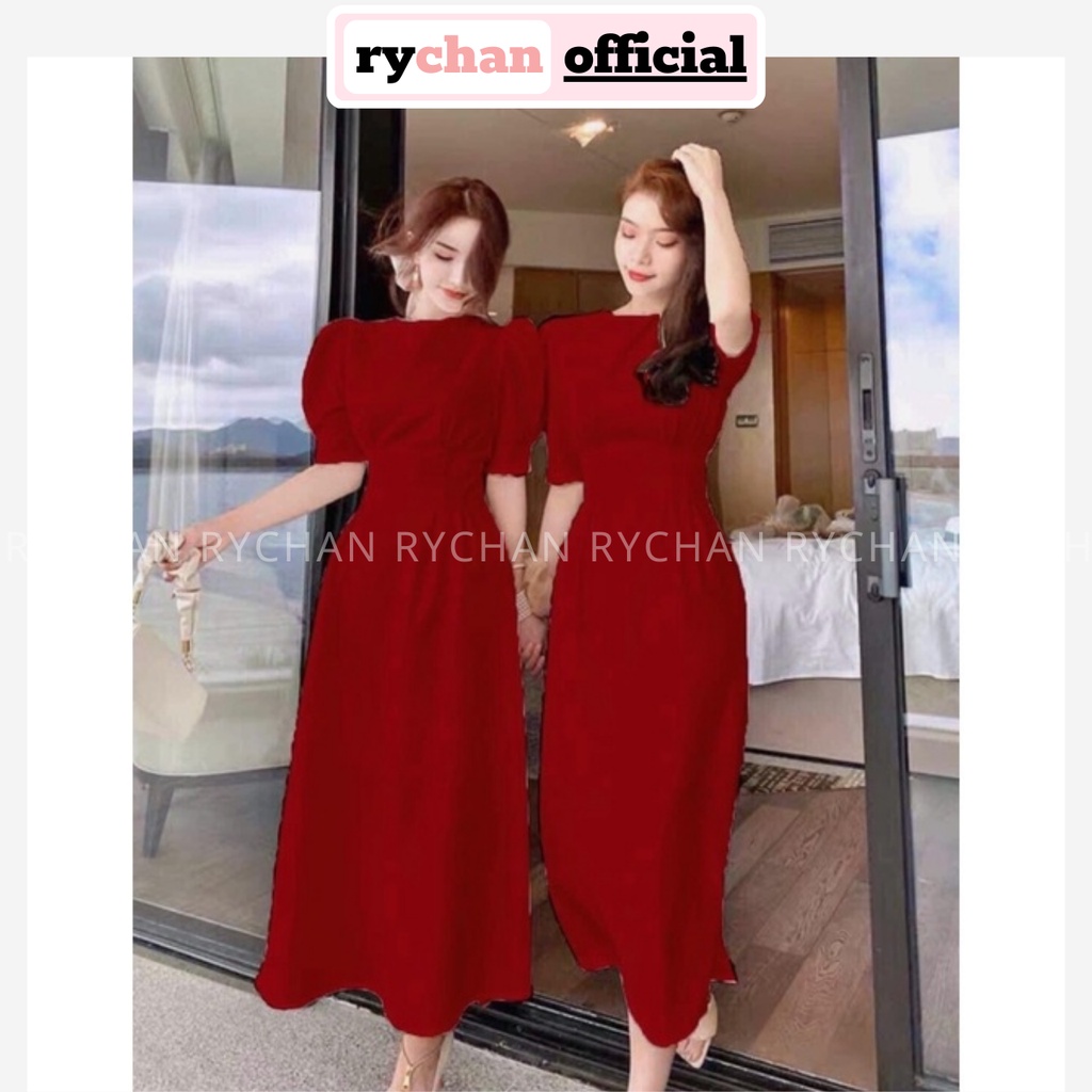 [ẢNH THẬT CUỐI] Đầm Dáng Dài Cổ Tròn Xếp Li Eo Sành Điệu, Đầm Nữ Tôn Dáng Tay Ngắn Màu Đỏ Trắng-DX168