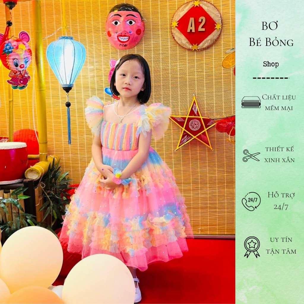 Váy Công Chúa Thiết Kế Cao Cấp Cho Bé, Đầm Bé Gái Cầu Vồng Kim Sa 8-35kg