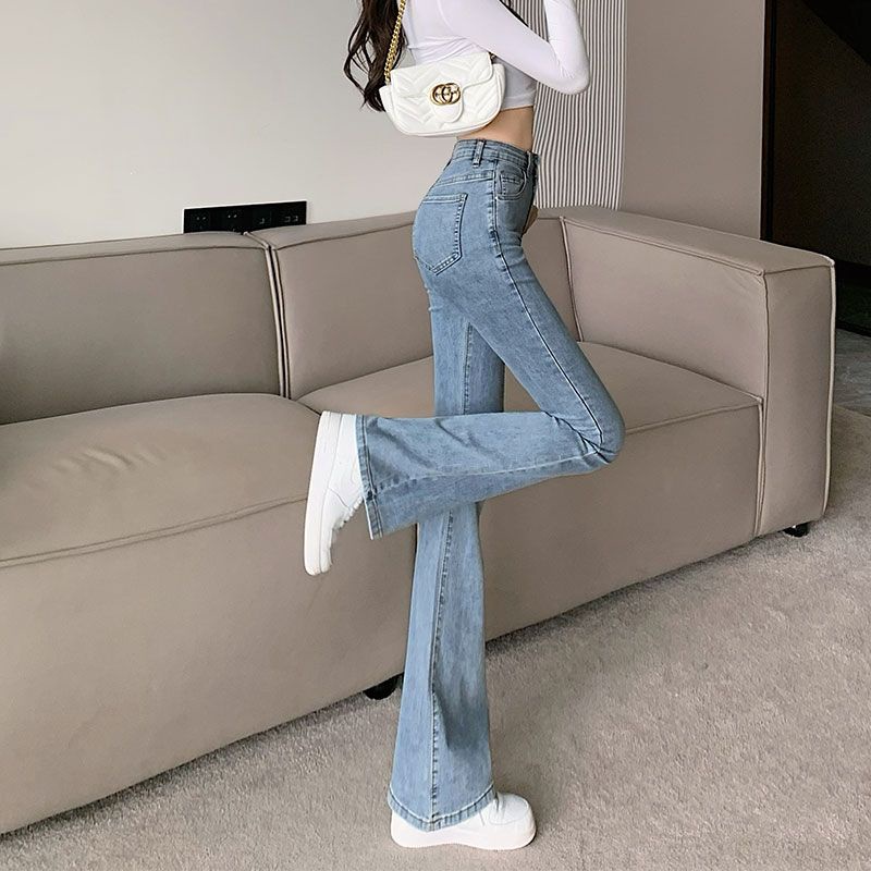 Jiashucheng Quần Jean Ống Loe Dài Tới Mắt Cá Chân Eo Cao Màu Xanh Nhạt Phong Cách Phương Tây Thời Trang Thu Đông Mới Cho Nữ