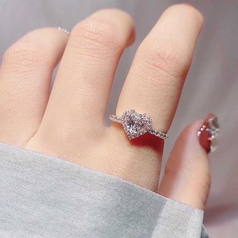 Nhẫn bạc ta ổ đá trái tim 5 ly nhẫn nữ bạc thật nạm đá trái tim xinh xắn