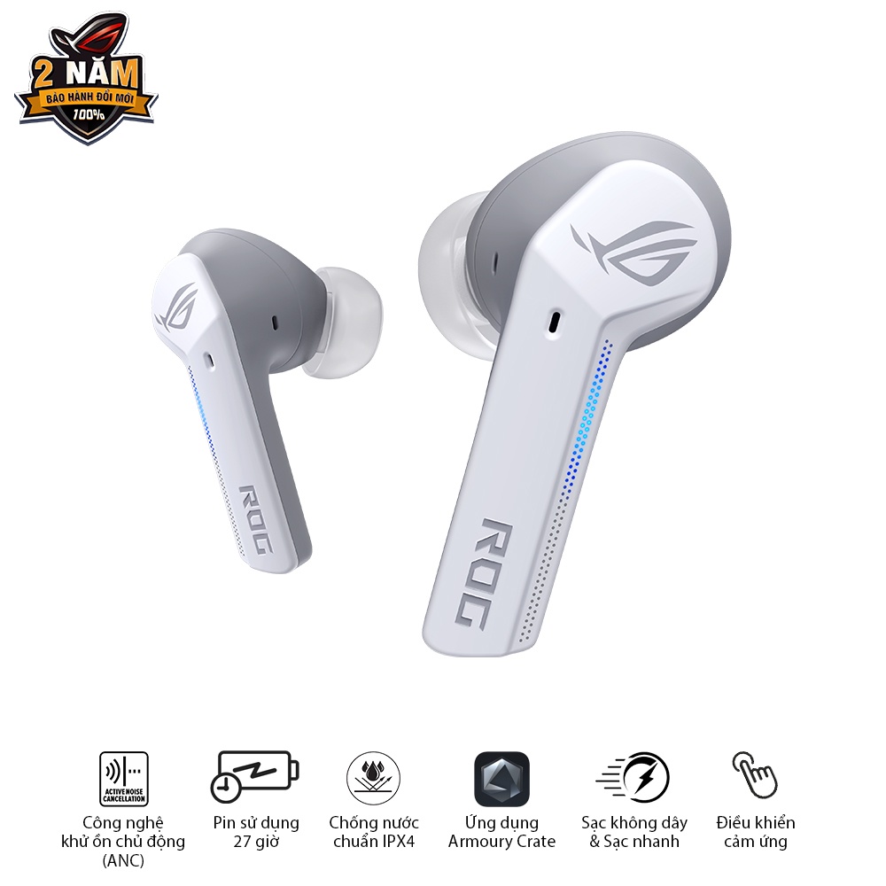 Tai nghe chơi game in-ear không dây ASUS ROG Cetra True Moonlight White Khử ồn chủ động (ANC), Pin 27h, Sạc nhanh