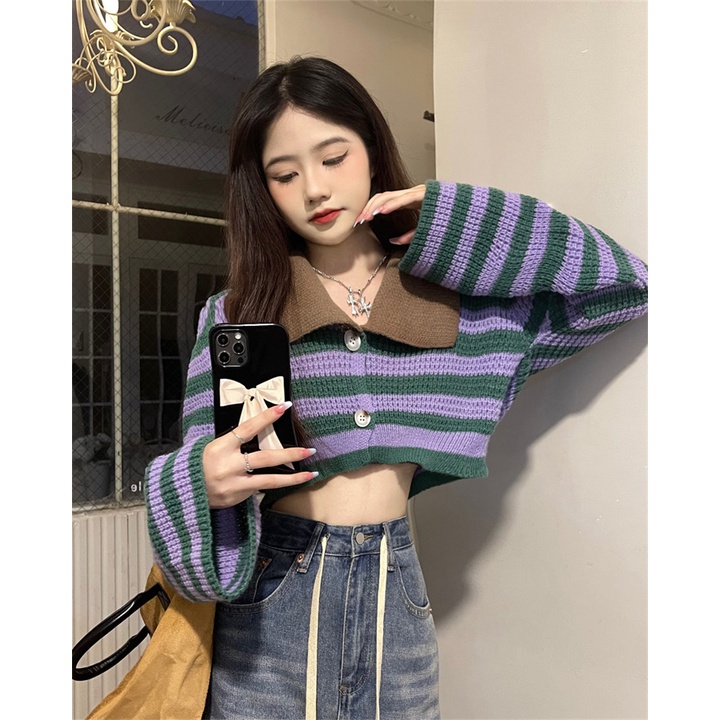 Áo ZHELIHANGFEI dệt kim tay dài cổ polo lưng cao kẻ sọc thiết kế quyến rũ cho nữ