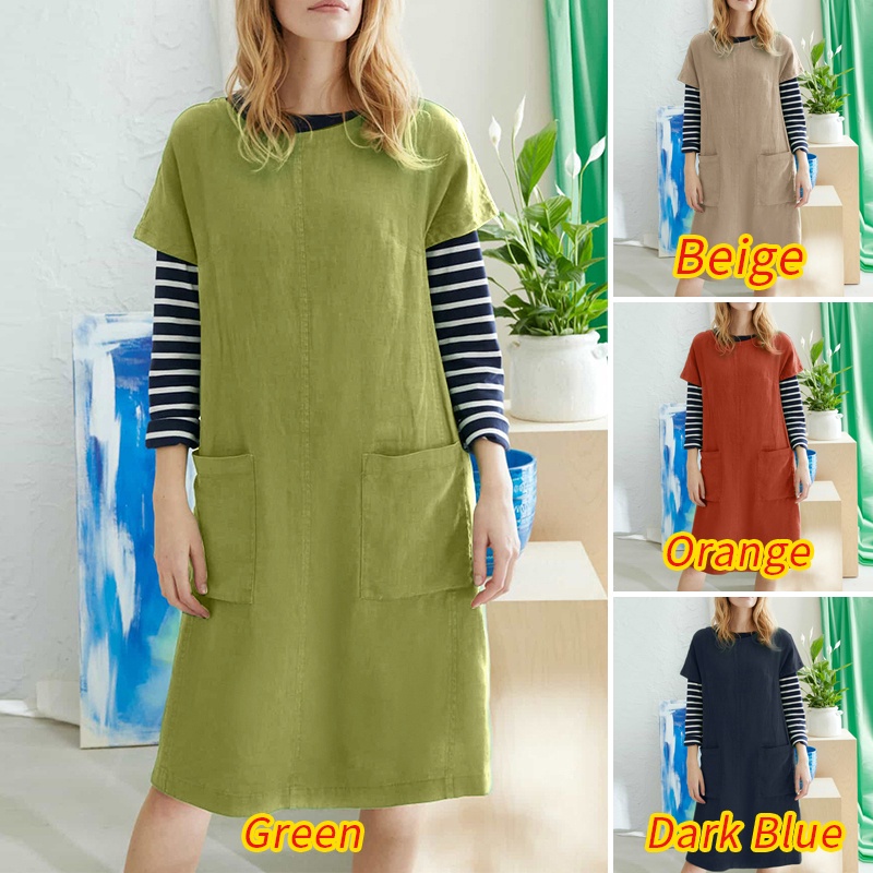 ZANZEA Đầm Nữ Ngắn Tay Cổ Tròn Màu Trơn Thời Trang