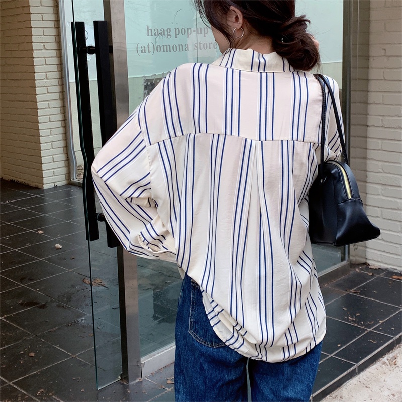 Áo sơ mi SUXI tay dài quá cỡ họa tiết kẻ sọc phong cách Hàn Quốc thời trang đơn giản dành cho nữ