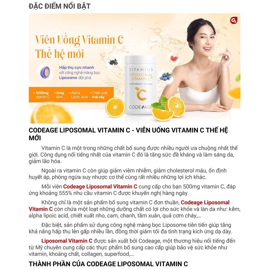 Viên Uống Vitamin C Tăng Cường Miễn Dịch Codeage Liposomal Vitamin C 180 Viên Dưỡng Sáng Da, Mờ Thâm