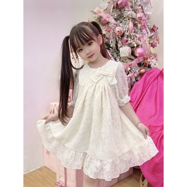 Váy cho bé gái Mykids Váy Thiết Kế 2 lớp Lụa tơ cao cấp dáng babydoll màu kem siêu xinh cho từ 8-32kg