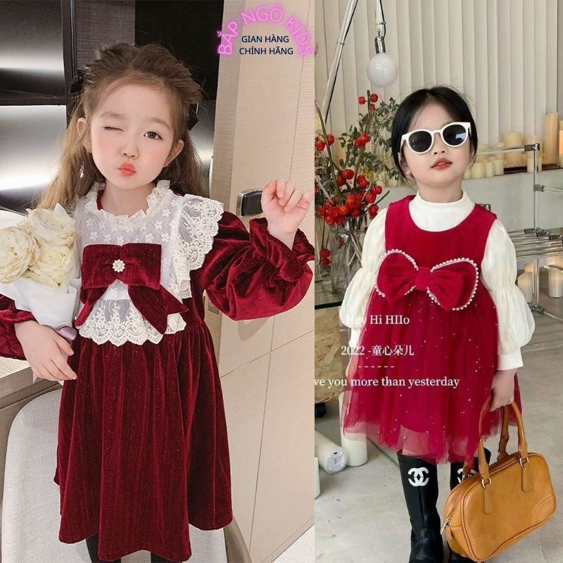 Váy cho bé gái, đầm nhung đỏ cho bé diện Noel và Tết chất liệu cao cấp mềm mịn Xu Xu Kids