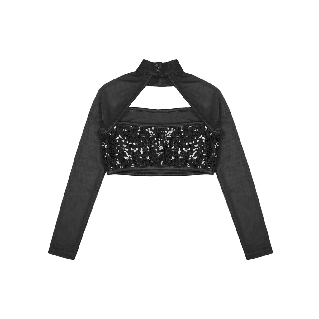 Trẻ Em Bé Gái Thời Trang Quần Áo Dài Tay Cổ Tròn Rỗng Sáng Bóng Kim Sa Lấp Lánh Trang Trí Khiêu Vũ Crop Top