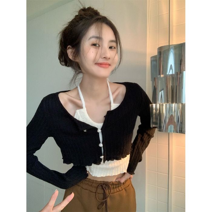 Bộ Áo Hai Dây Và Áo Cardigan Y2k 2022 Dáng Ngắn Viền Bèo Nhún Nhẹ Nhàng Đơn Giản Mùa Xuân Hè