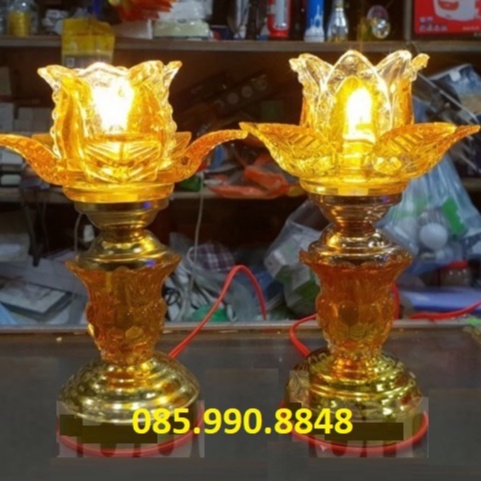 Đèn thờ cúng led pha lê cao cấp , Đèn thờ hoa sen pha lê dùng điện cao 20cm