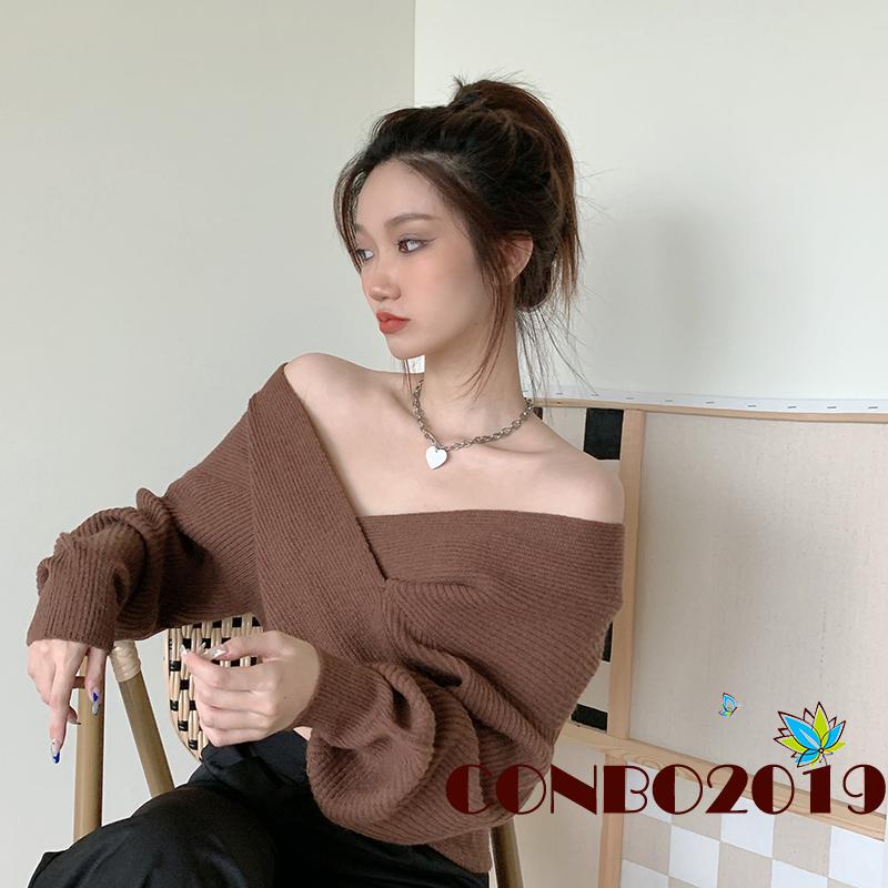 Áo Sweater Dệt Kim Tay Dài Màu Sắc Đơn Giản Cho Nữ