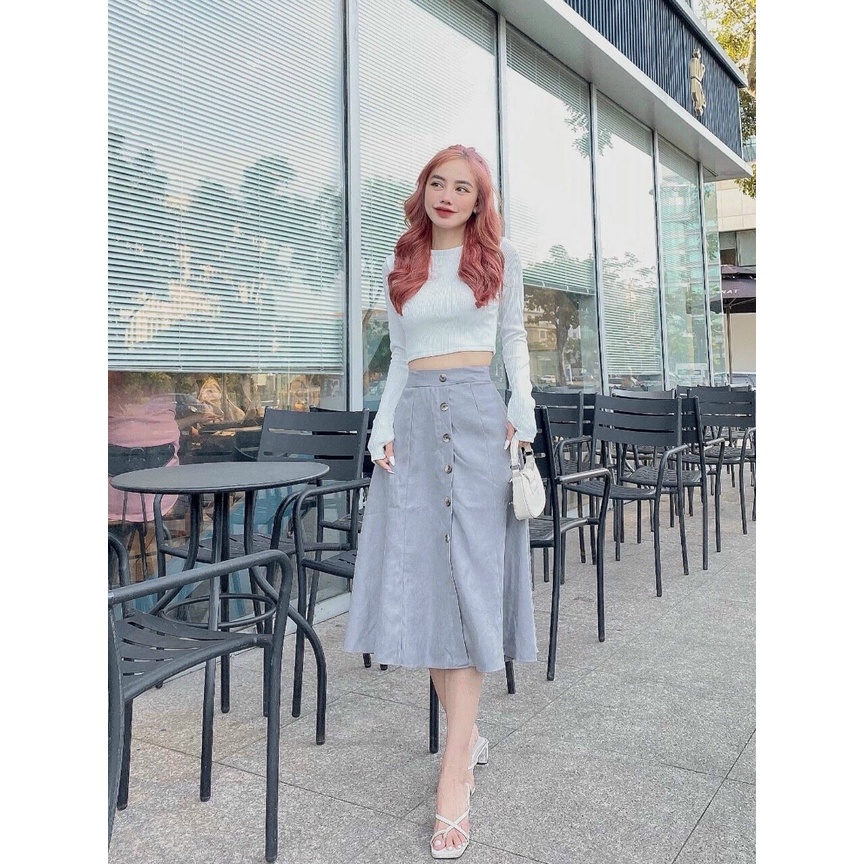 CHÂN VÁY NHUNG CHỮ A SIÊU HOT PHỐI NÚT THỜI TRANG 3 SIZE 42-58KG TÙY CHIỀU CAO