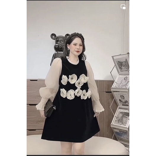 [ 𝐅𝐑𝐄𝐄 𝐒𝐇𝐈𝐏 ] Váy nhung cổ bèo phối tay hoa nổi siêu hot Vải nhung cứng QC cao cấp, phối tơ nhũ mềm đẹp, chun tay viền