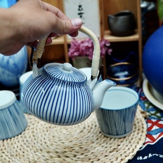 Bộ ấm trà men lam ly ghép - gốm sứ nhật bản